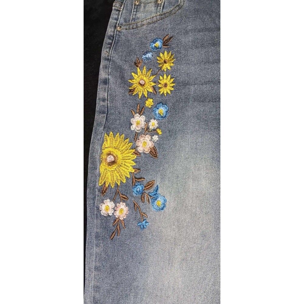 Y2K Hippie Flower Embroidered High Waisted Wide Leg Flare Denim Jeans XL 70s 90s - Picture 4 of 10